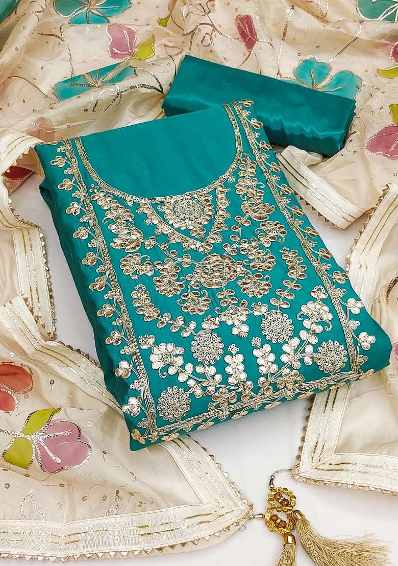 Teal Embroidered Silk Blend Straight Kurta Set - Indya