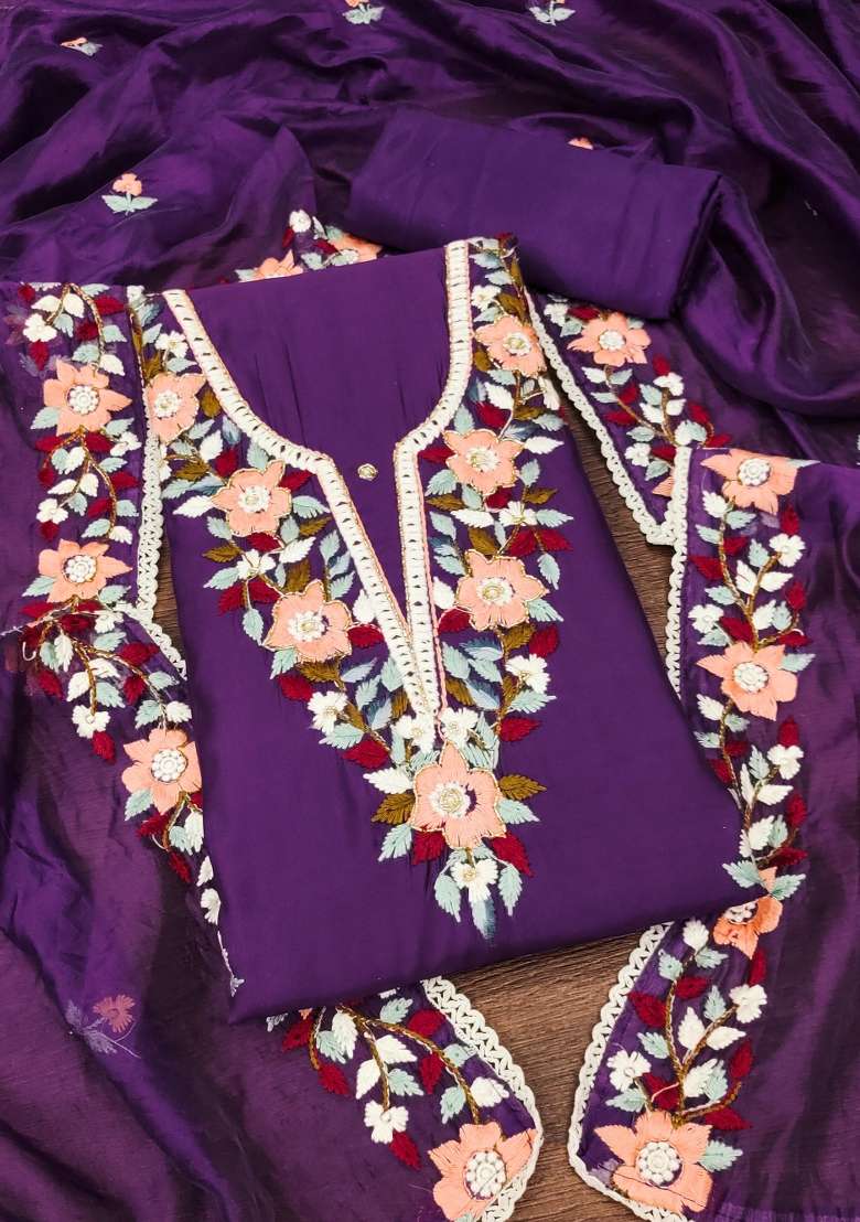 Purple Embroidered Silk Dress Material - Indya