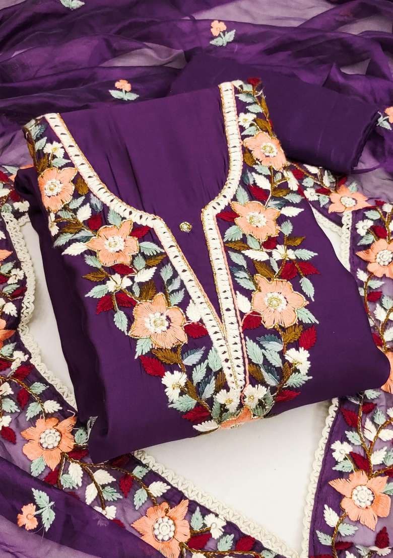 Purple Embroidered Silk Dress Material - Indya