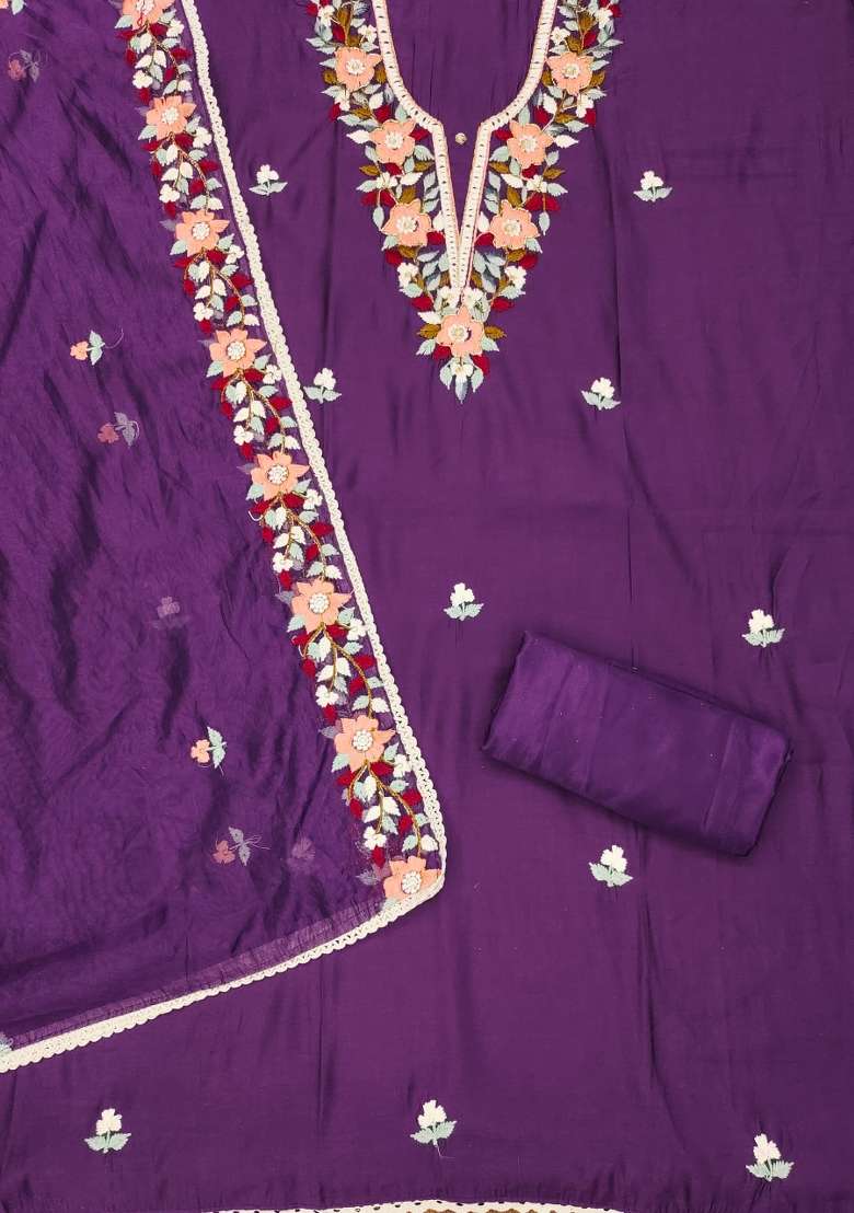 Purple Embroidered Silk Dress Material - Indya