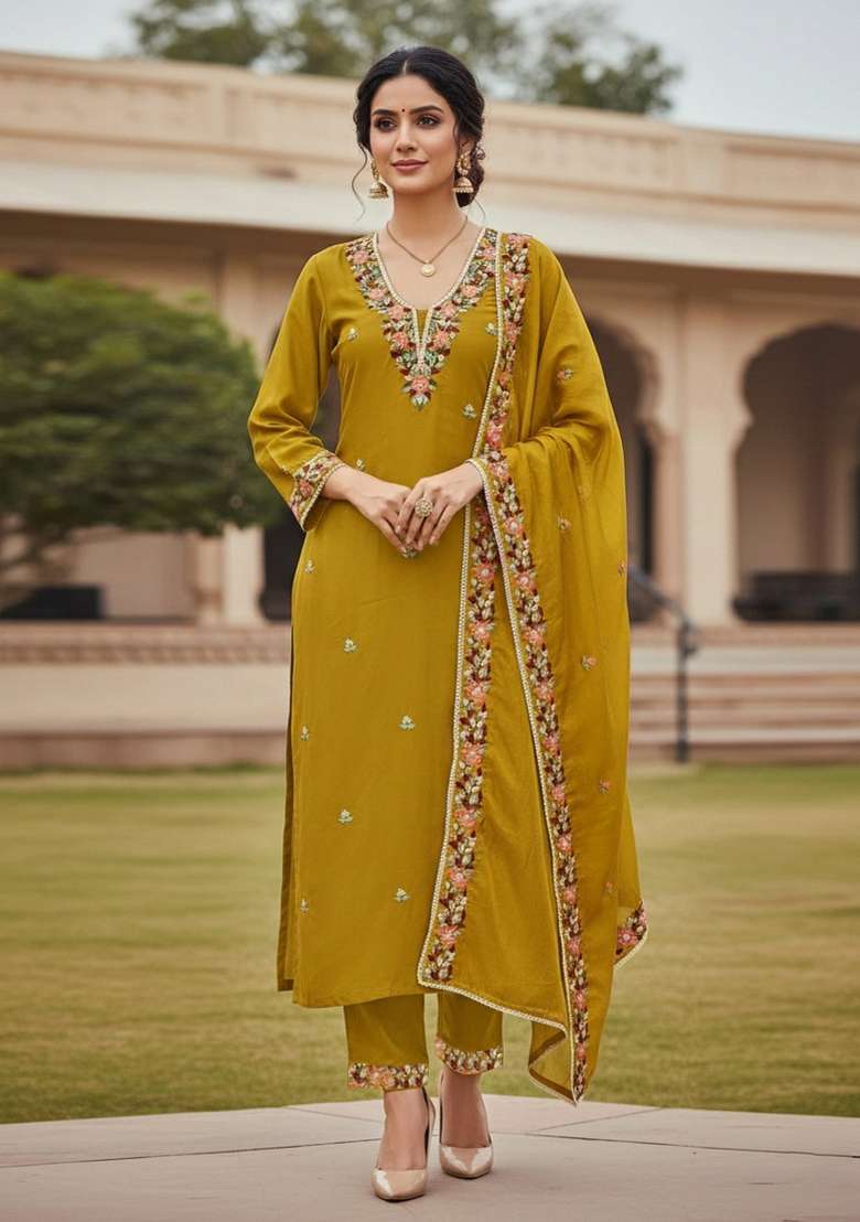 Mustard Embroidered Silk Dress Material - Indya