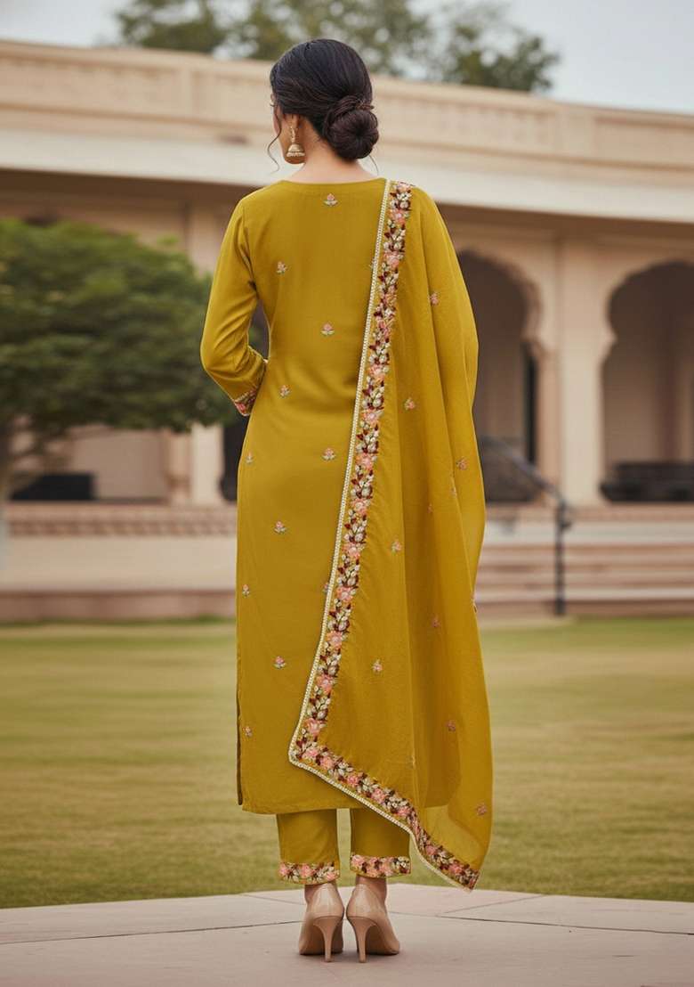Mustard Embroidered Silk Dress Material - Indya