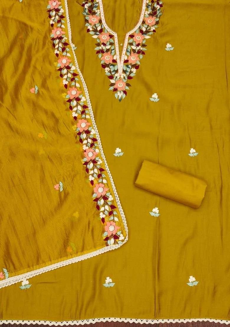 Mustard Embroidered Silk Dress Material - Indya