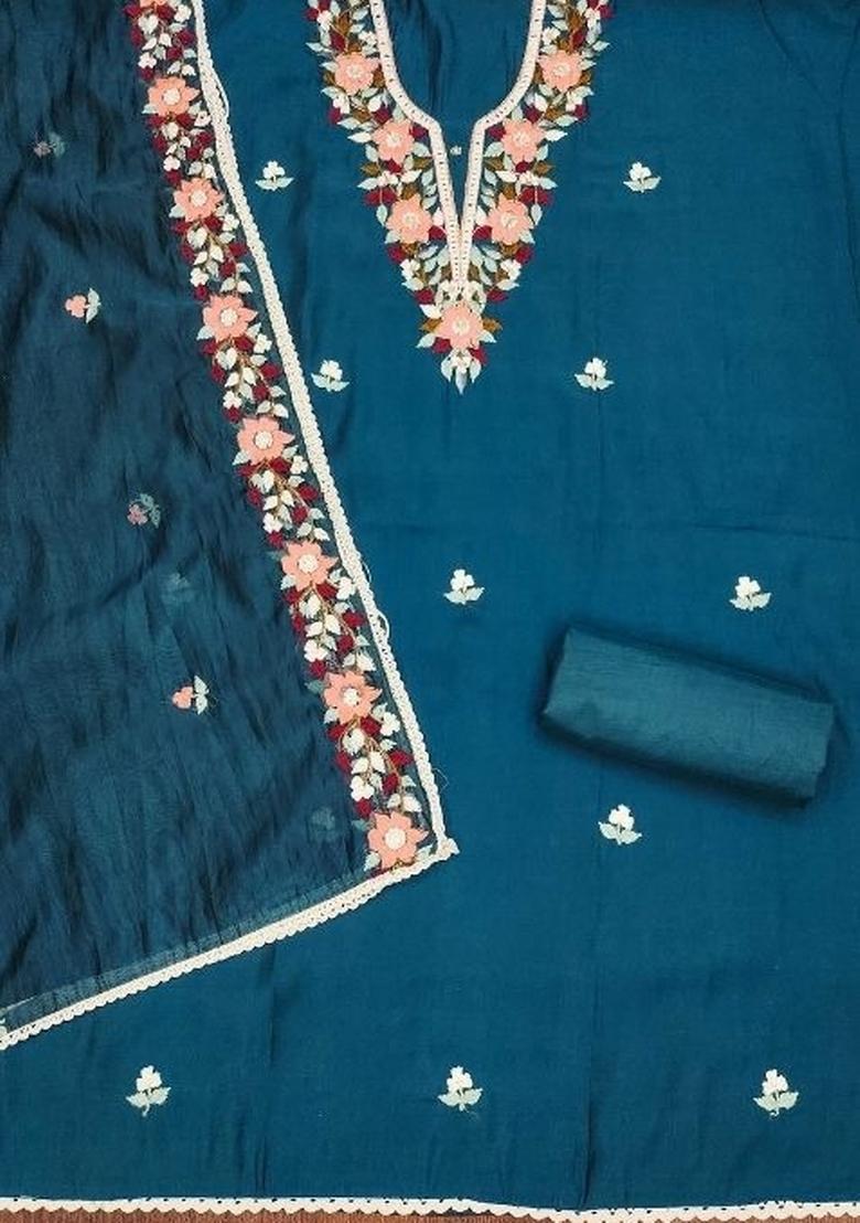 Teal Embroidered Silk Dress Material - Indya