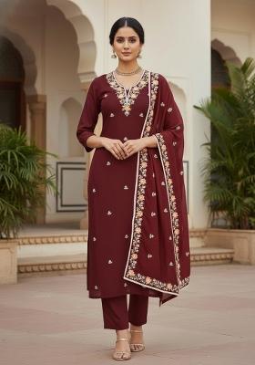 Maroon Embroidered Silk Dress Material