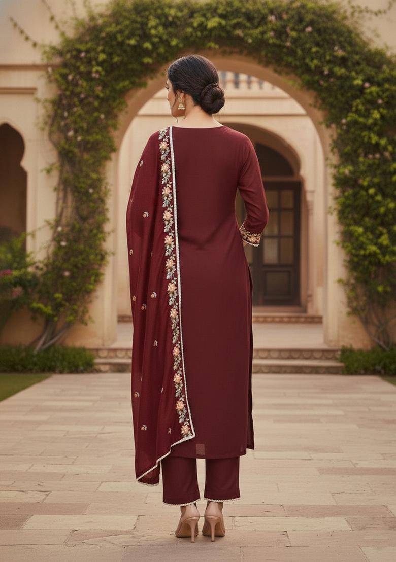 Maroon Embroidered Silk Dress Material - Indya