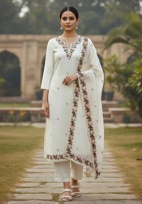 Off White Embroidered Silk Dress Material