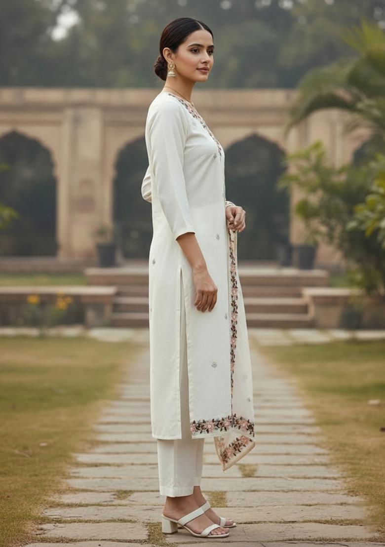 Off White Embroidered Silk Dress Material - Indya
