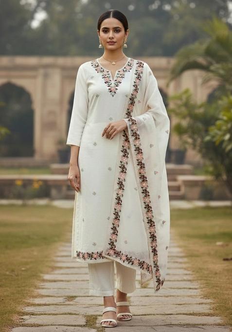 Off White Embroidered Silk Dress Material