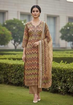 Multicolor Embroidered Oragnza Dress Material