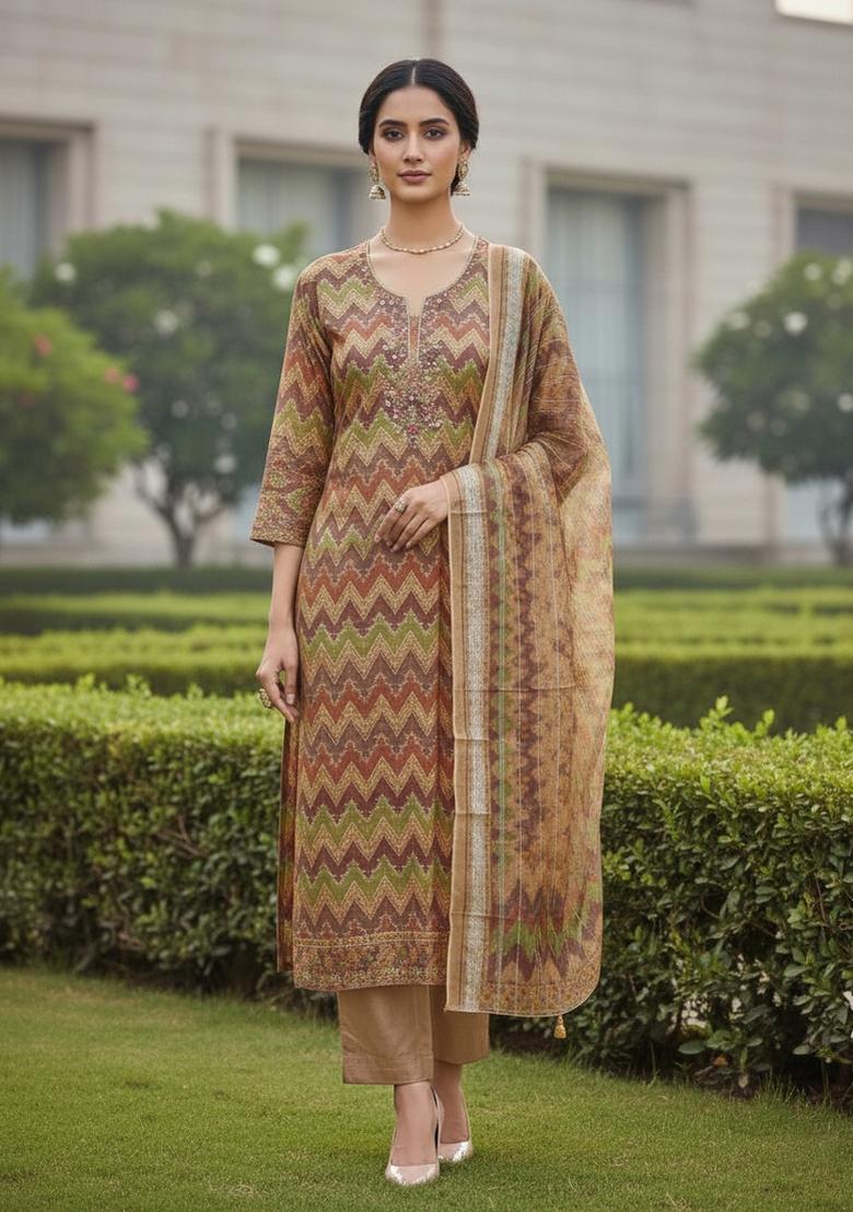 Multicolor Embroidered Oragnza Dress Material - Indya