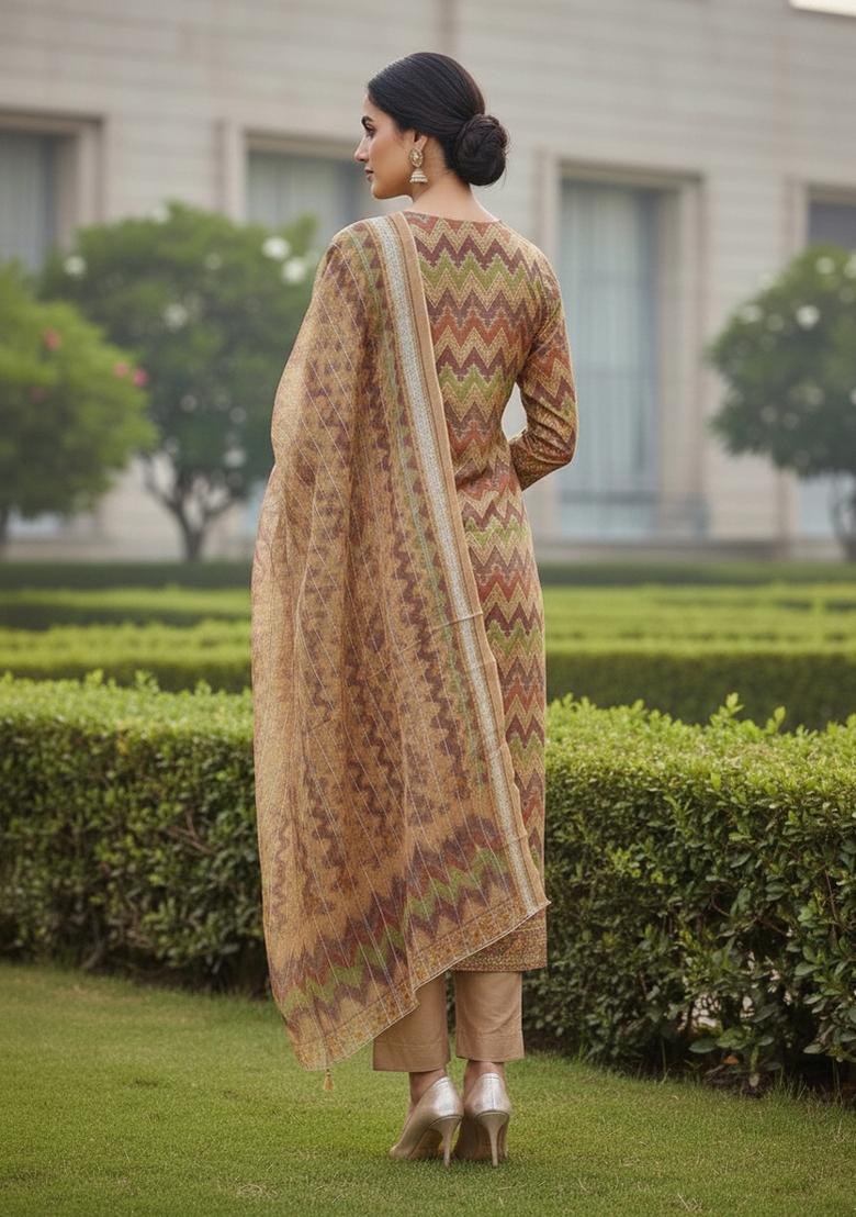 Multicolor Embroidered Oragnza Dress Material - Indya
