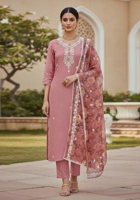 Pink Embroidered Silk Dress Material