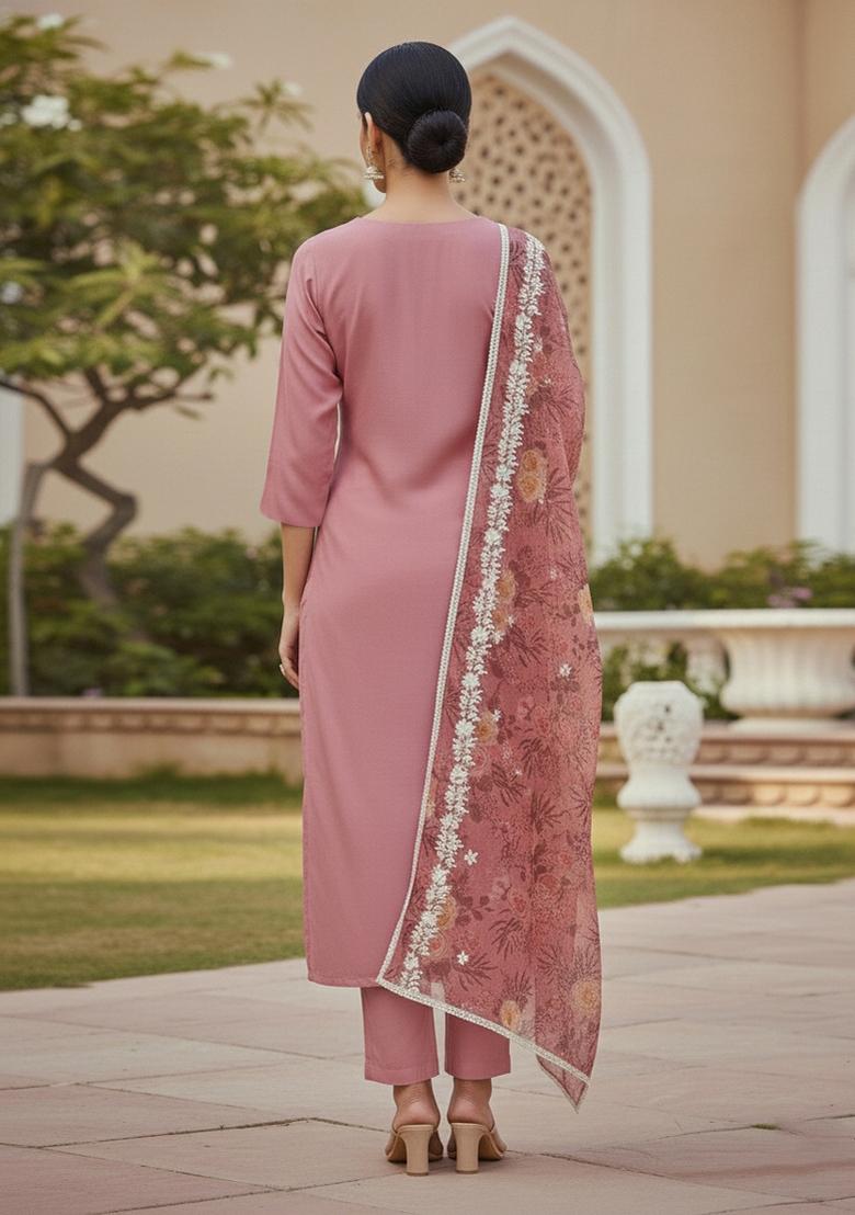 Pink Embroidered Silk Dress Material - Indya