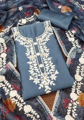 Grey Embroidered Silk Dress Material