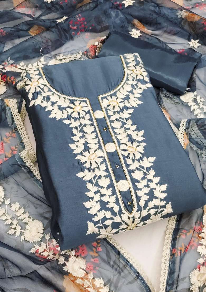 Grey Embroidered Silk Dress Material - Indya