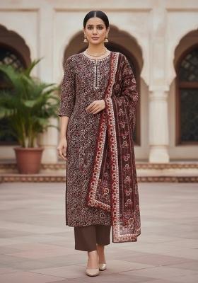 Maroon Embroidered Oragnza Dress Material