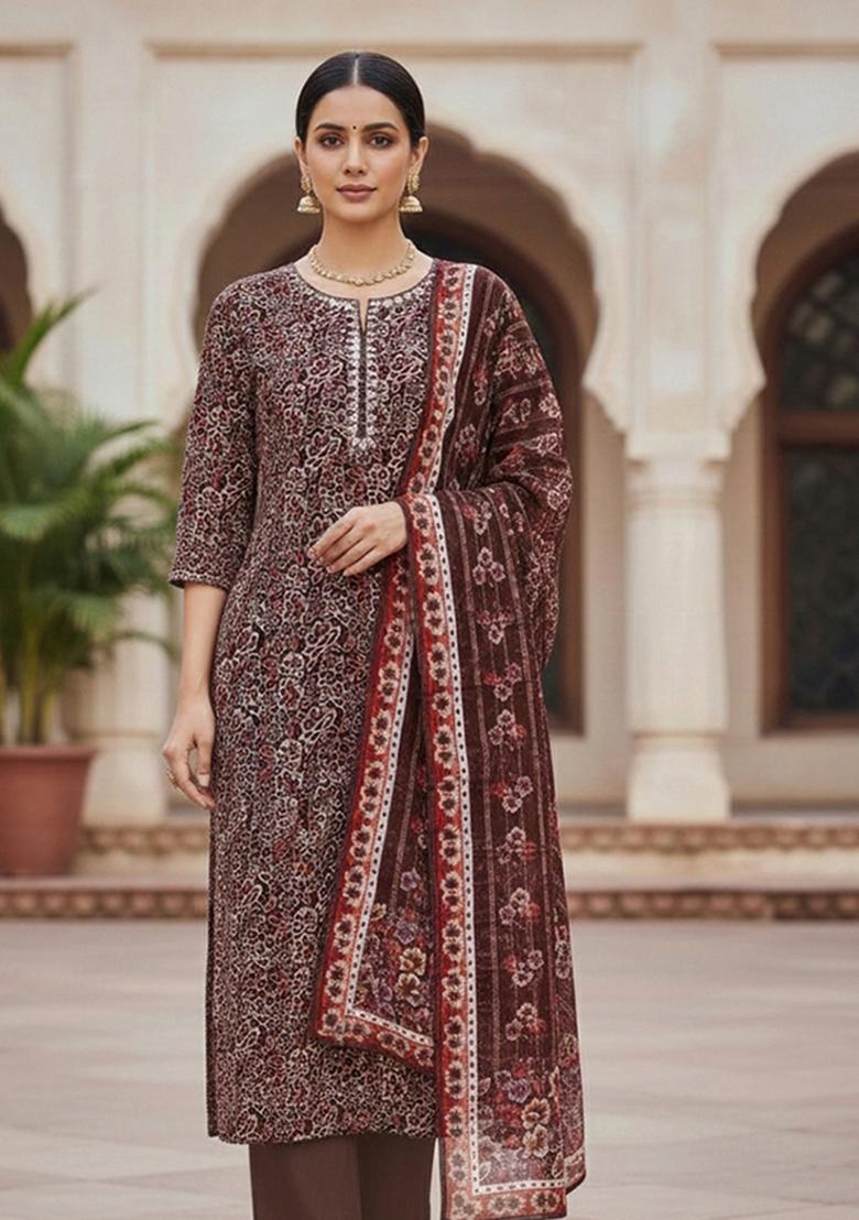 Maroon Embroidered Oragnza Dress Material - Indya