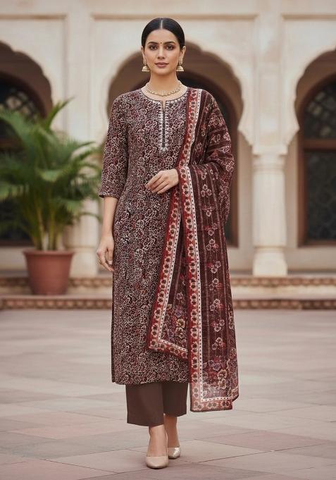 Maroon Embroidered Oragnza Dress Material