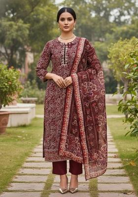 Red Embroidered Oragnza Dress Material