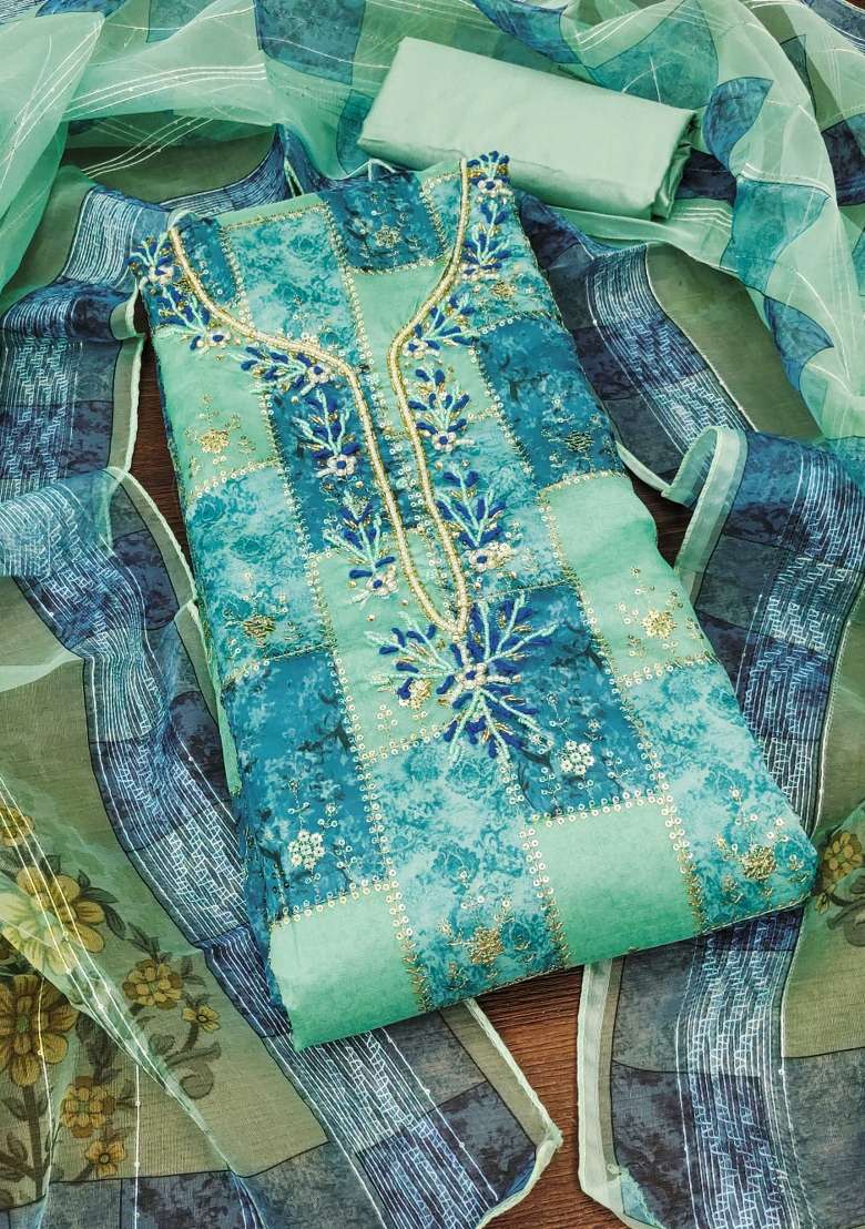 Sea Green Embroidered Oragnza Dress Material - Indya