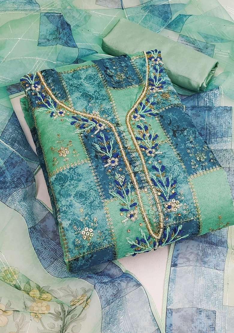 Sea Green Embroidered Oragnza Dress Material - Indya
