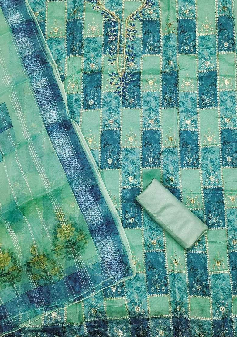 Sea Green Embroidered Oragnza Dress Material - Indya