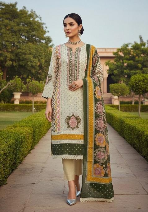 Multicolor Embroidered Oragnza Dress Material