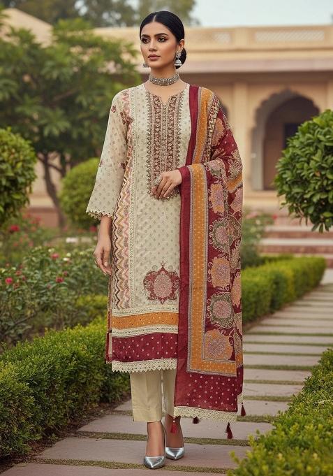 Multicolor Embroidered Oragnza Dress Material