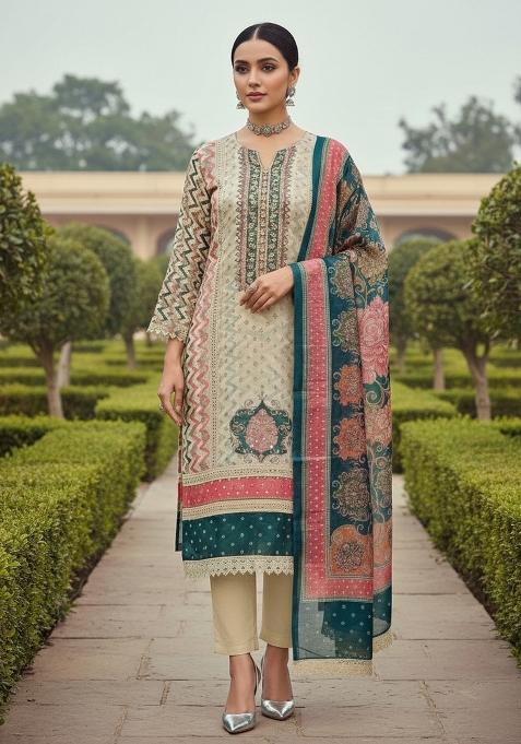 Multicolor Embroidered Oragnza Dress Material