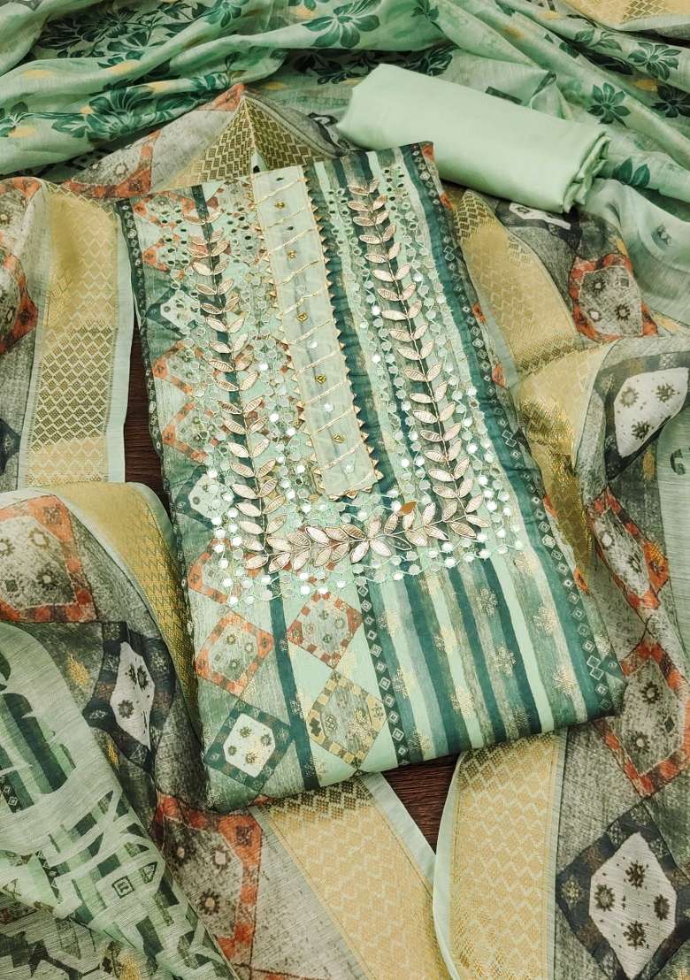 Sea Green Embroidered Jacquard Dress Material - Indya