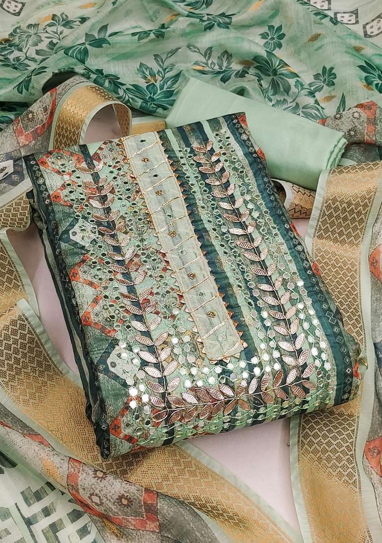 Sea Green Embroidered Jacquard Dress Material - Indya
