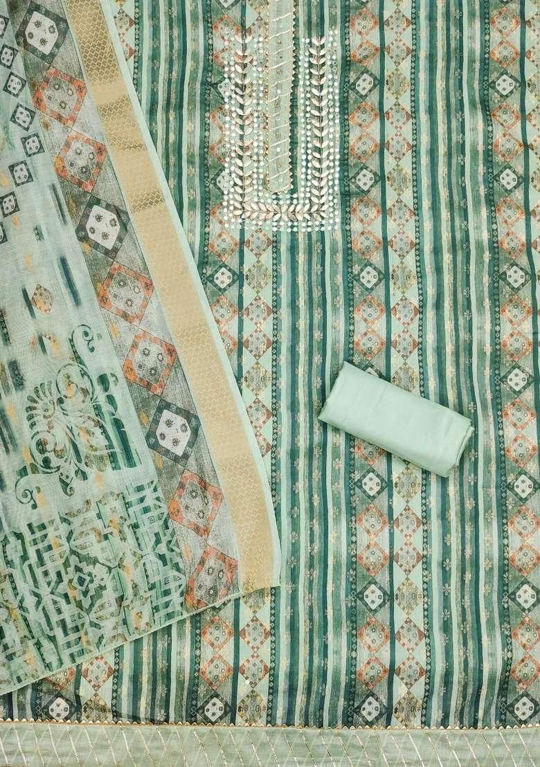Sea Green Embroidered Jacquard Dress Material - Indya