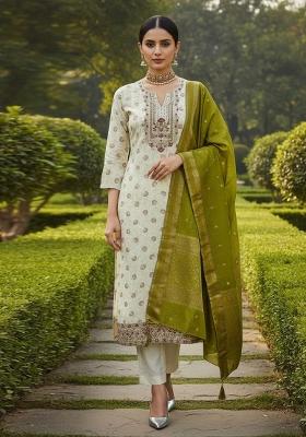 Off White Embroidered Chanderi Dress Material
