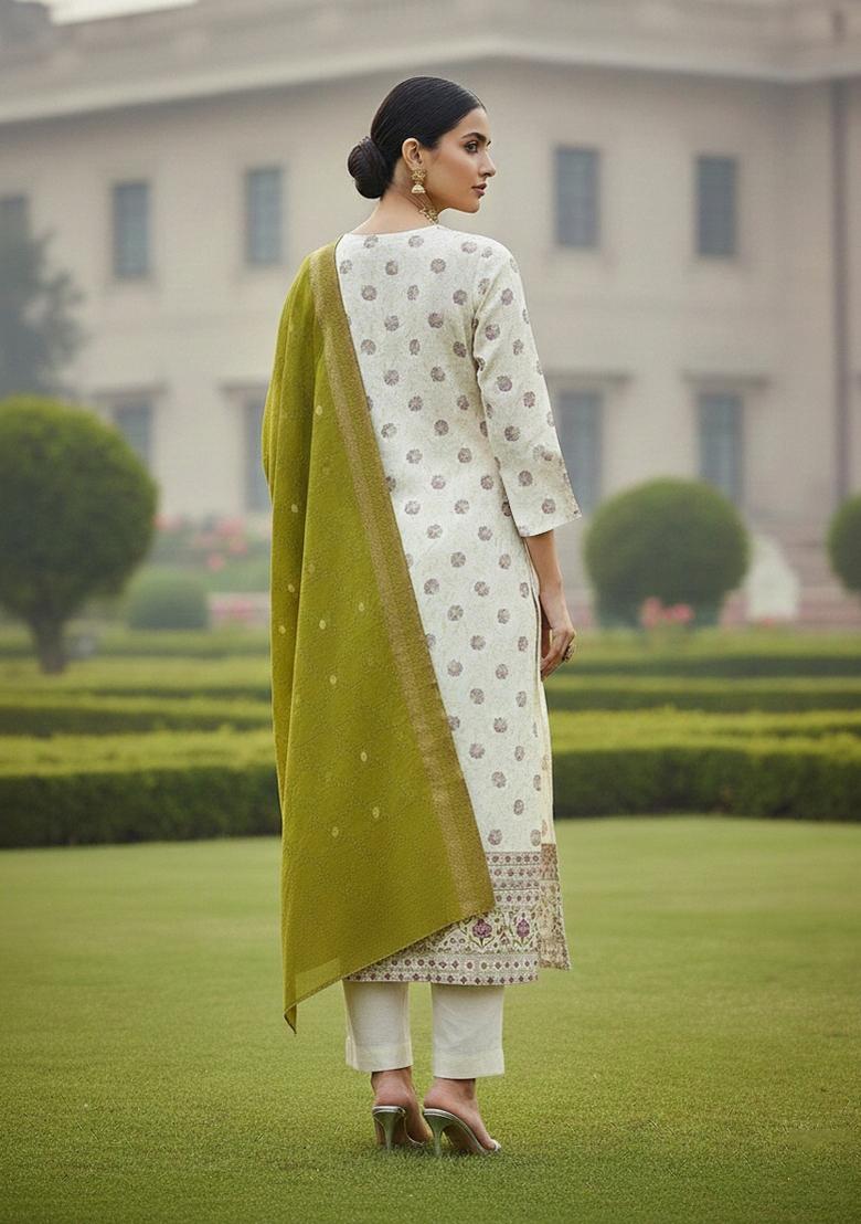 Off White Embroidered Chanderi Dress Material - Indya