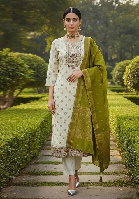 Off White Embroidered Chanderi Dress Material