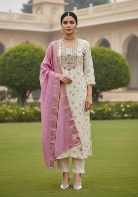 Off White Embroidered Chanderi Dress Material