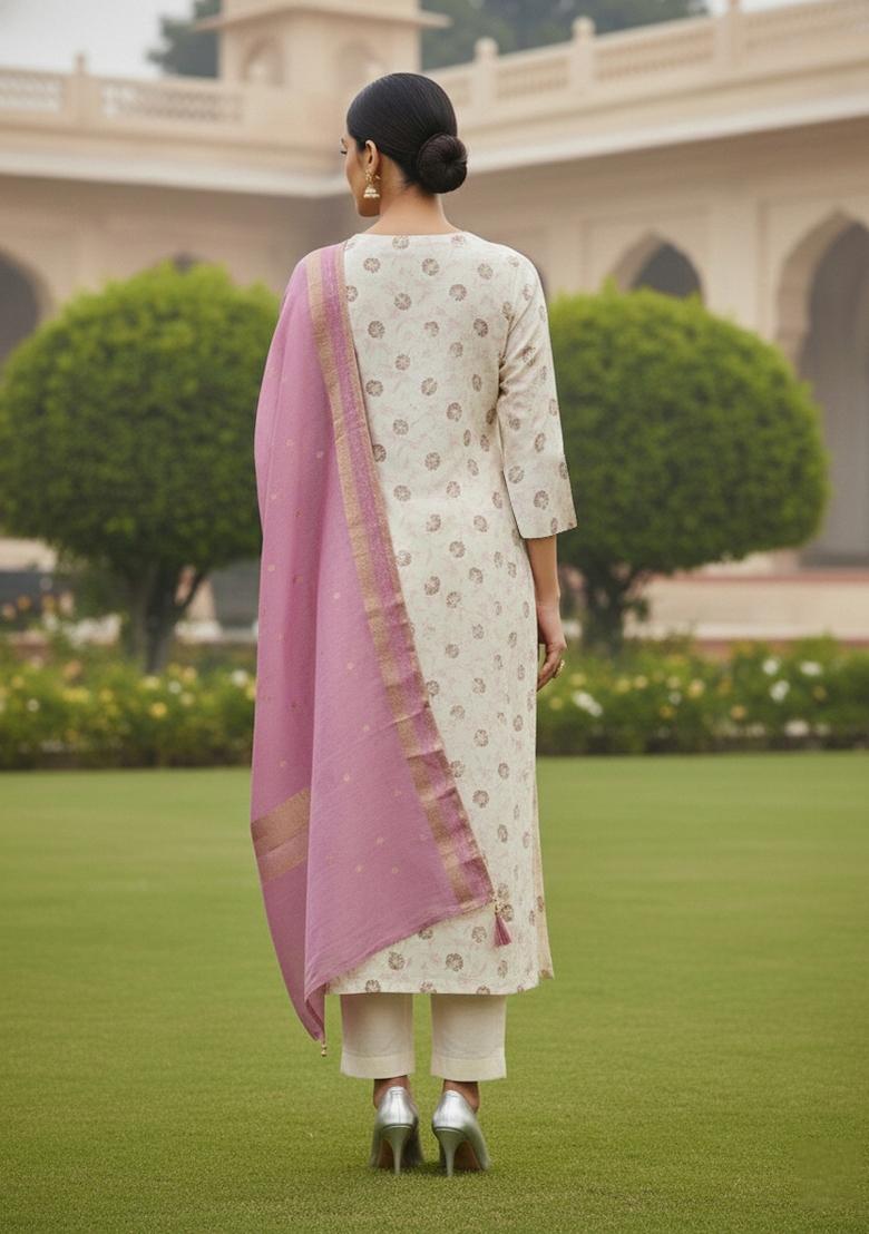Off White Embroidered Chanderi Dress Material - Indya