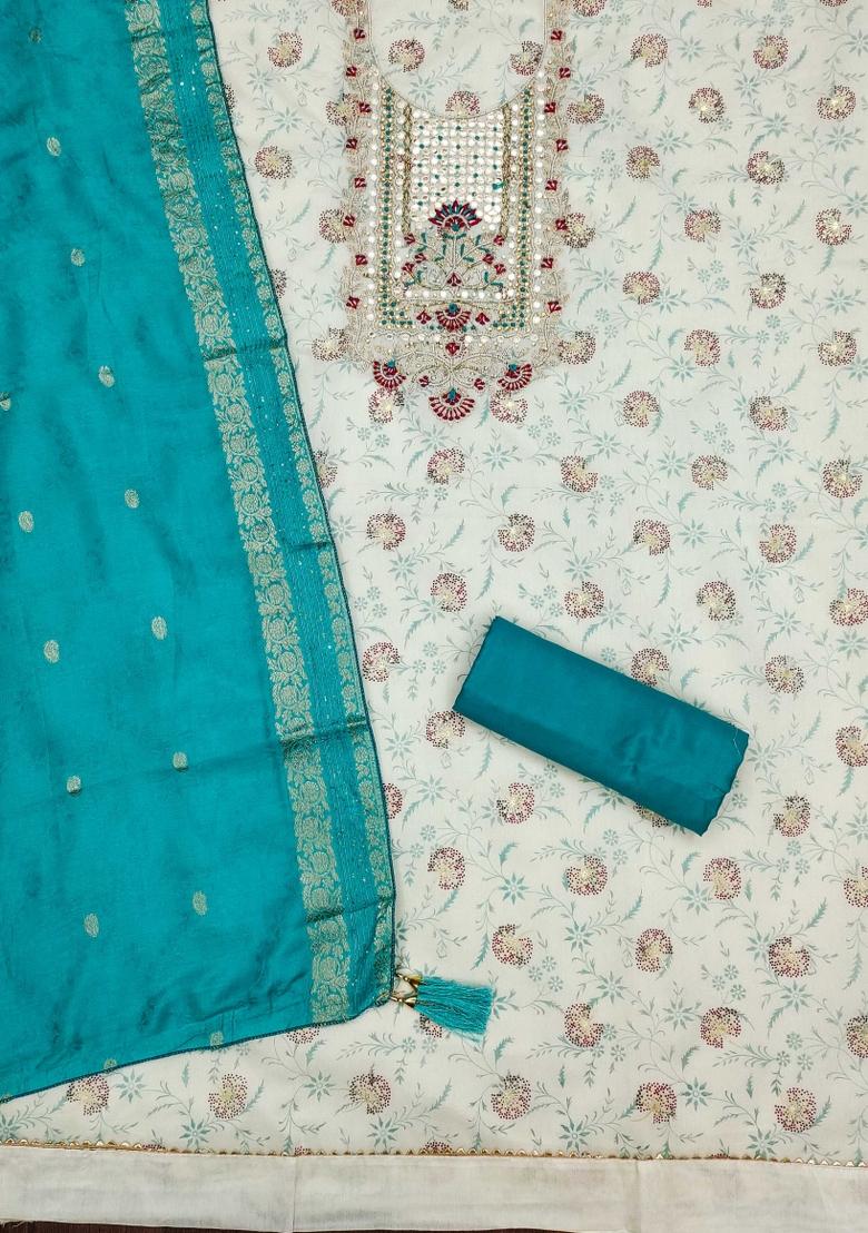 Off White Embroidered Chanderi Dress Material