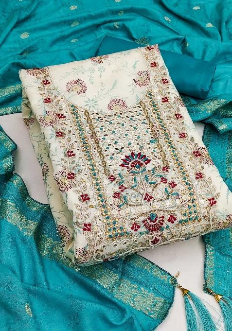 Off White Embroidered Chanderi Dress Material