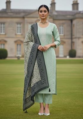 Sea Green Embroidered Silk Dress Material