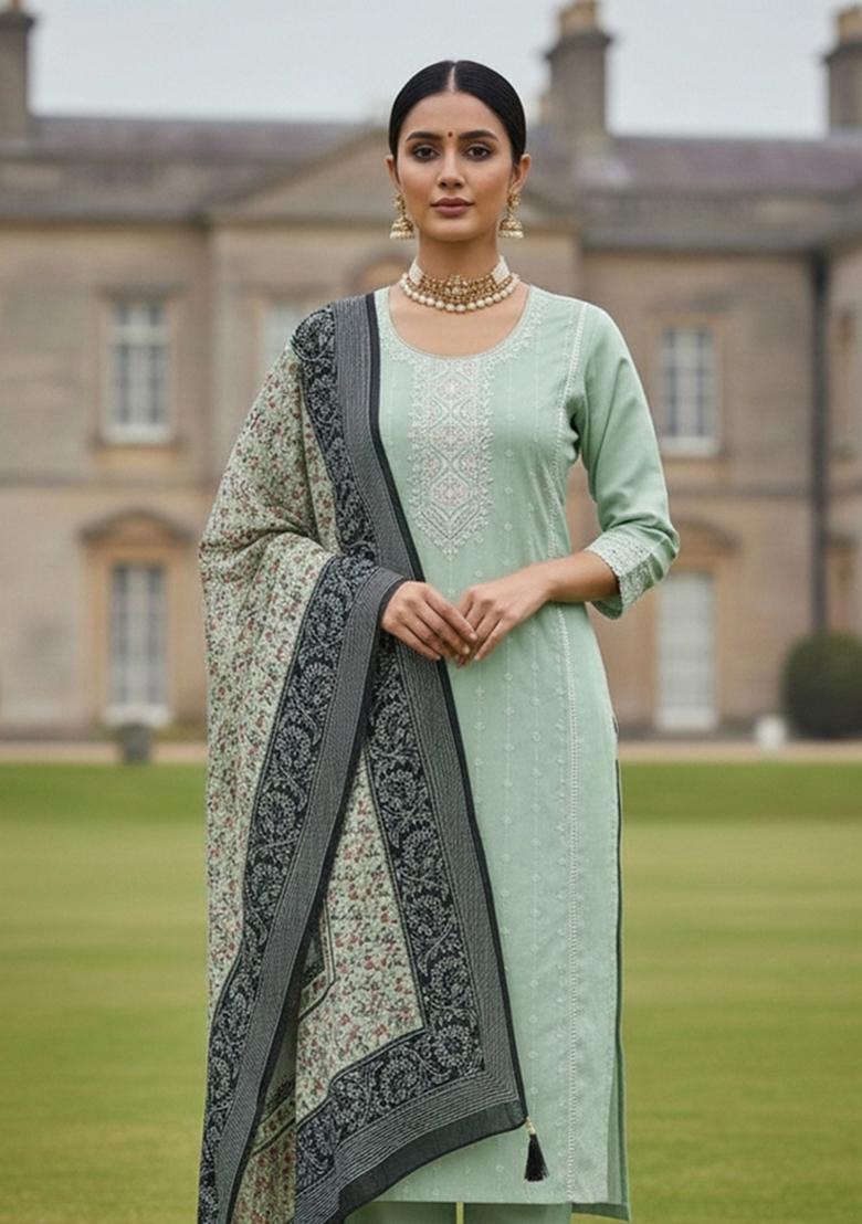 Sea Green Embroidered Silk Dress Material - Indya
