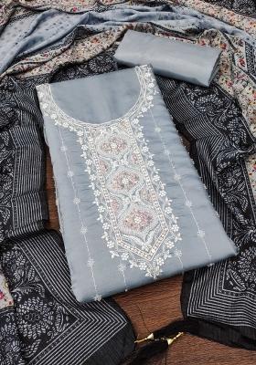 Grey Embroidered Silk Dress Material