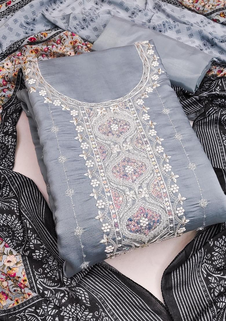 Grey Embroidered Silk Dress Material