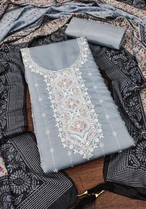 Grey Embroidered Silk Dress Material