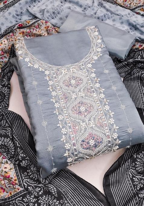 Grey Embroidered Silk Dress Material