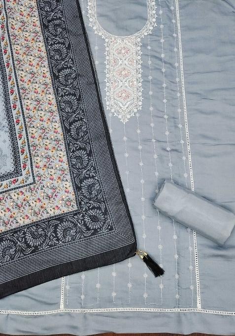 Grey Embroidered Silk Dress Material