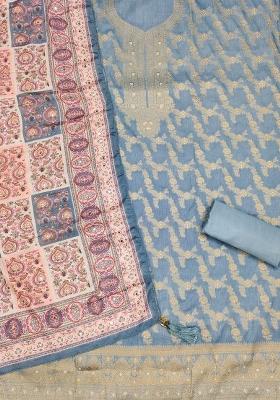 Grey Embroidered Jacquard Dress Material