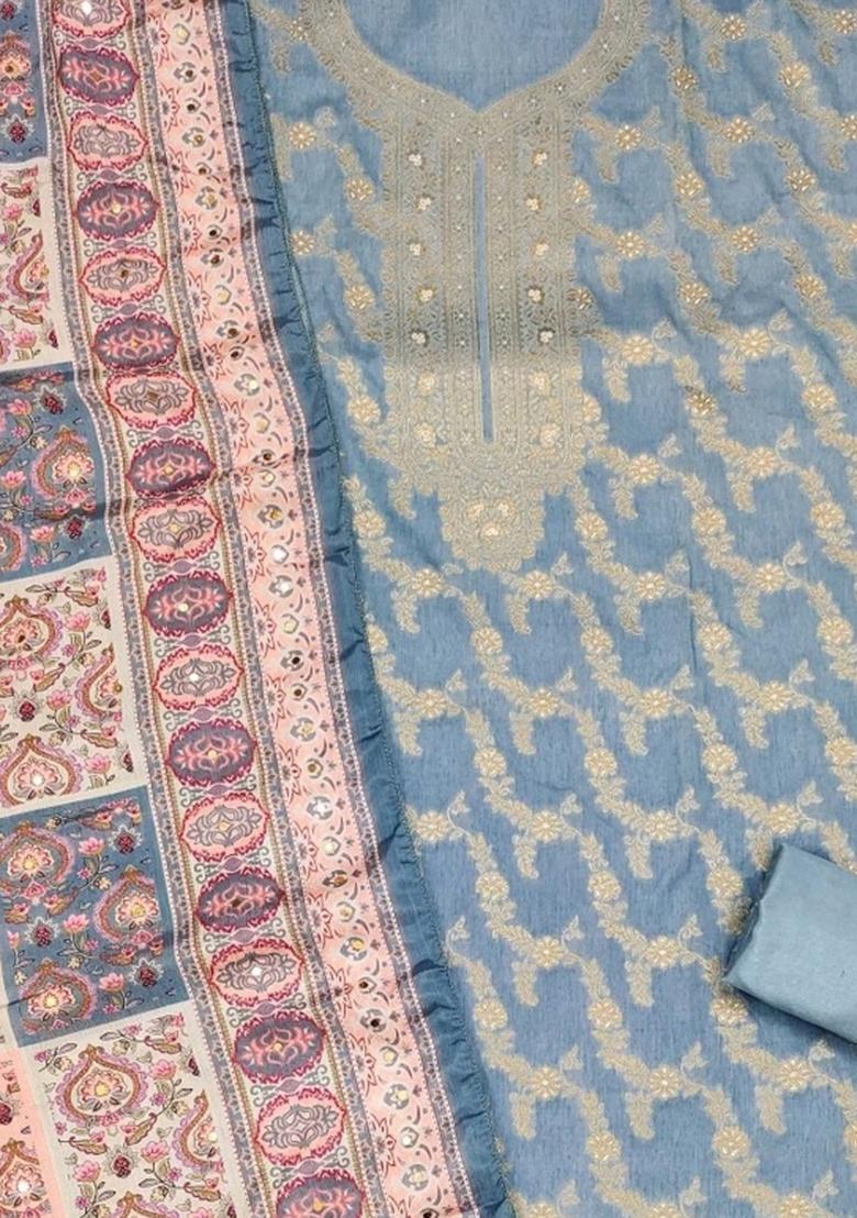 Grey Embroidered Jacquard Dress Material - Indya