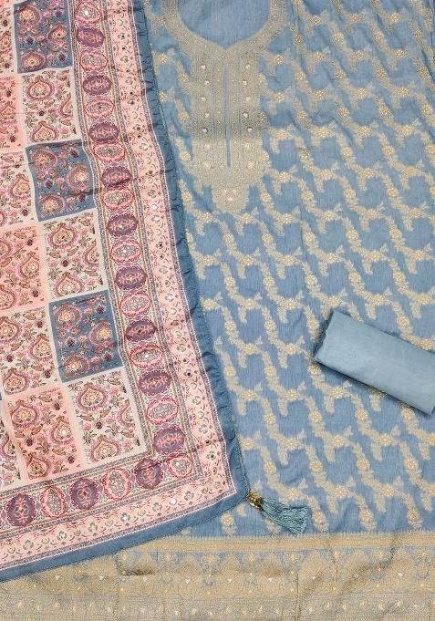 Grey Embroidered Jacquard Dress Material